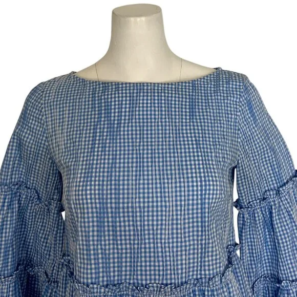 Sara Campbell Ruffle Tiered Tunic Top Blouse S Blue Gingham Bell Sleeve - Picture 9 of 14